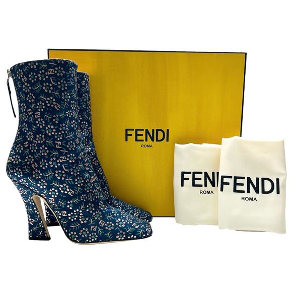 FENDI FFreedom 105mm Square Toe Ankle Boots EU 38 US 8 Floral Jacquard Navy Gold - Picture 13 of 13